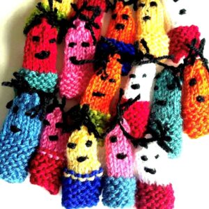 knitted finger puppets in various colors