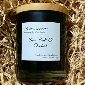 andmade soy wax candle nz made sea salt and orchid black jar