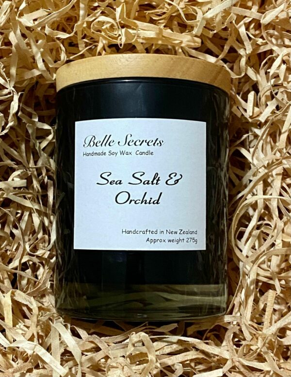 andmade soy wax candle nz made sea salt and orchid black jar